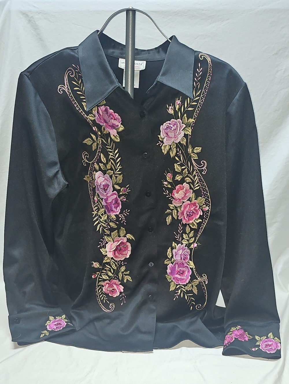 Vintage Victor Costa Black Satin Occasion Jacket Pink Embroided & Jewled Flowers